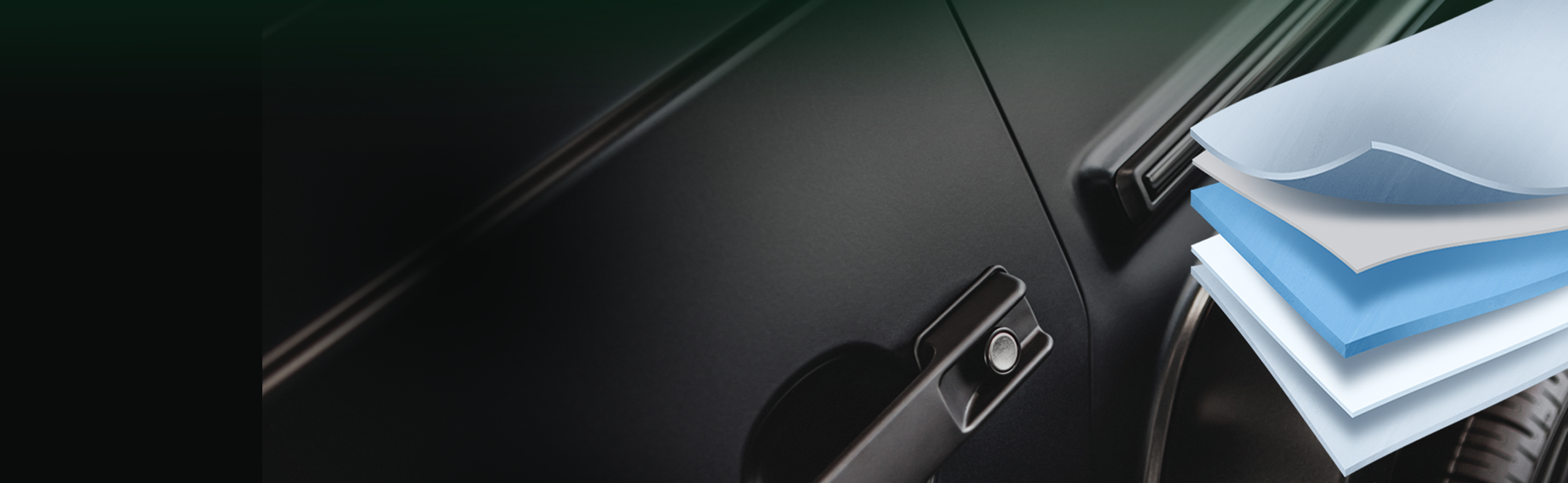 Partial view of a car alongside a six-layer diagram illustrating Castrol paint protection film, highlighting comprehensive protection, anti-yellowing TPU, nano-metal dual coating, and high-quality adhesive for easy installation and durable performance.